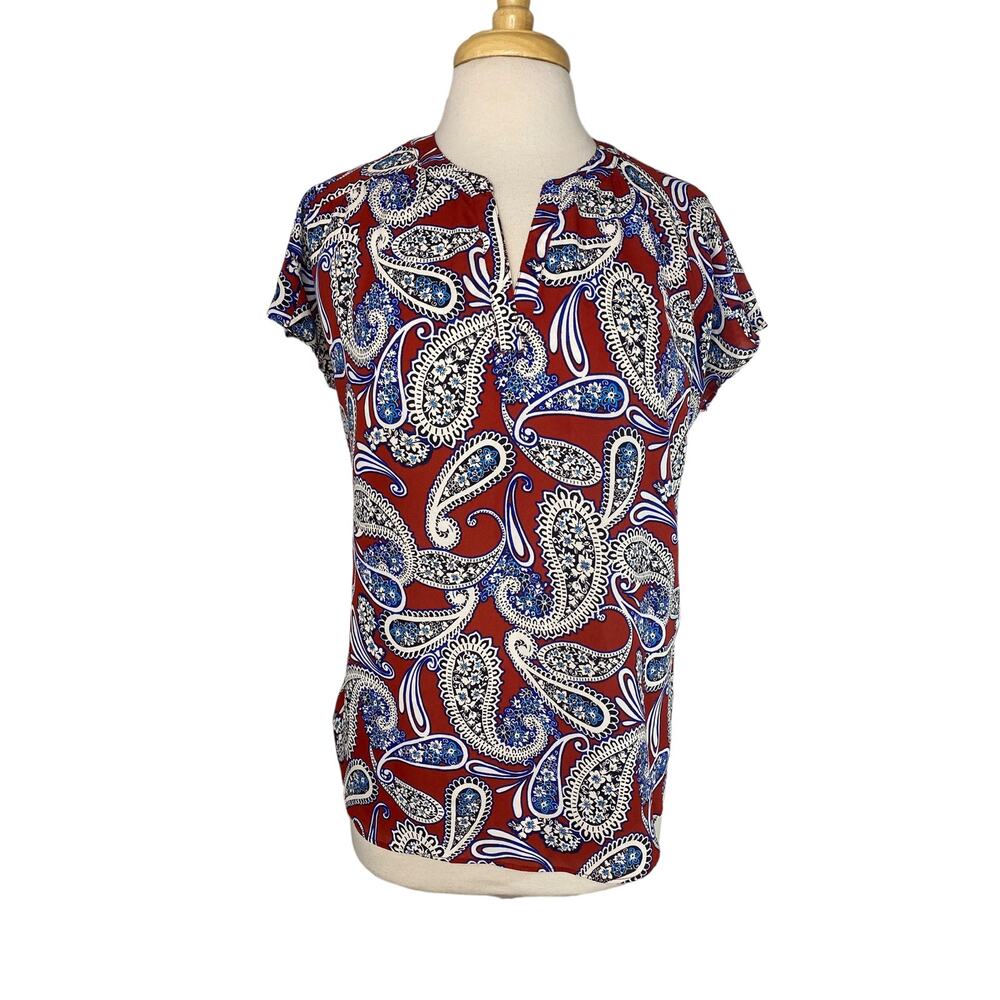 BANANA REPUBLIC Patriotic Paisley V-neck Blouse Size Medium Red White Blue